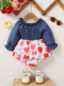 Baby Girl Casual Color Block Heart Print Long Sleeve Bodysuit