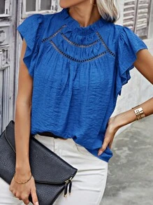 SHEIN LUNE Của phụ nữ Nếp uốn Ngắn tay Đứng cổ áo Áo sơ mi Với Lá sen Cạnh Chi tiết - Màu xanh lam - Xem 3