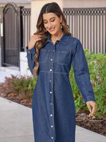 SHEIN LUNE Women's Front Button Denim Dress - Blue - View 6