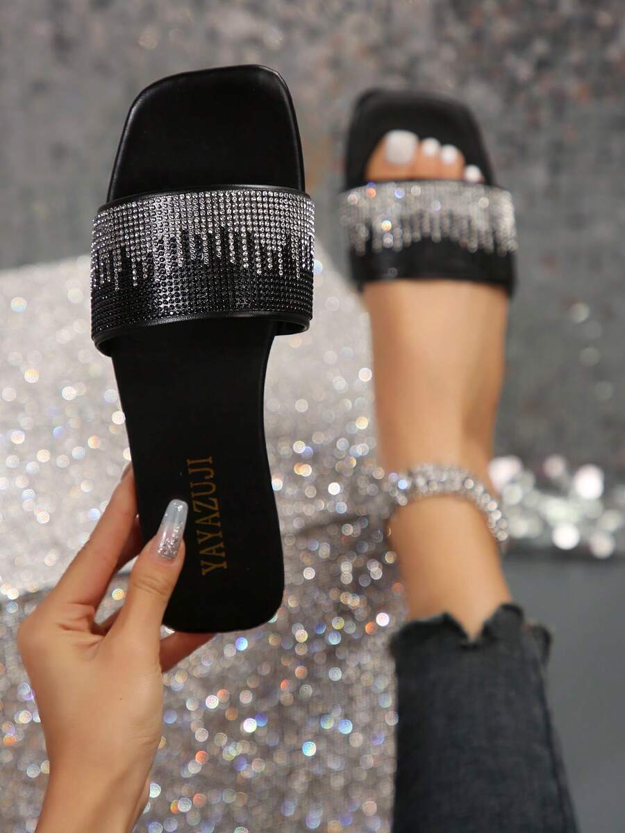 Flat-Toe Slide Sandals With Black Rhinestone Detailing For Women - Black - View 1