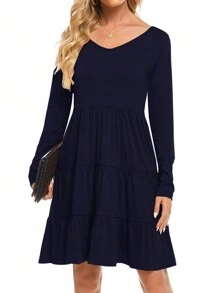 女式分層不對稱下擺休閒連衣裙 - 藏蓝色 - 查看 1