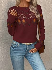 SHEIN Essnce Women's Geometric Pattern Button Up Cardigan Sweater Knit Pullover Fall Winter Outfit - Burgundy - View 3