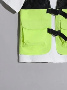 Chaleco casual con bolsillos de estilo urbano para niños preadolescentes, de ajuste holgado con malla y contraste