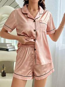 撞色鑲邊家居服套裝 - 亮橙色 - 查看 1