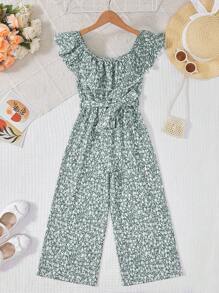 RueChic Girls Ditsy Floral Print Ruffle Trim Belted Jumpsuit - Green - View 1