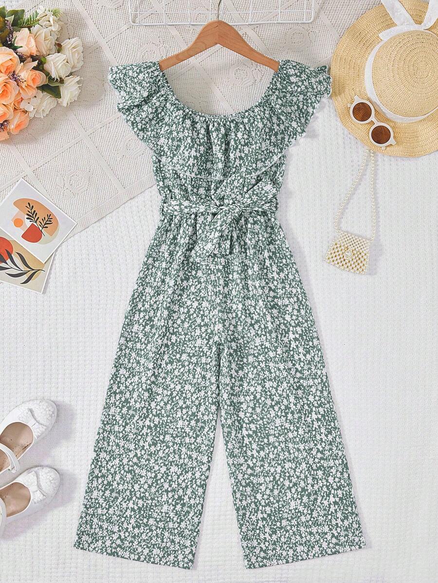 RueChic Girls Ditsy Floral Print Ruffle Trim Belted Jumpsuit - Green - View 1