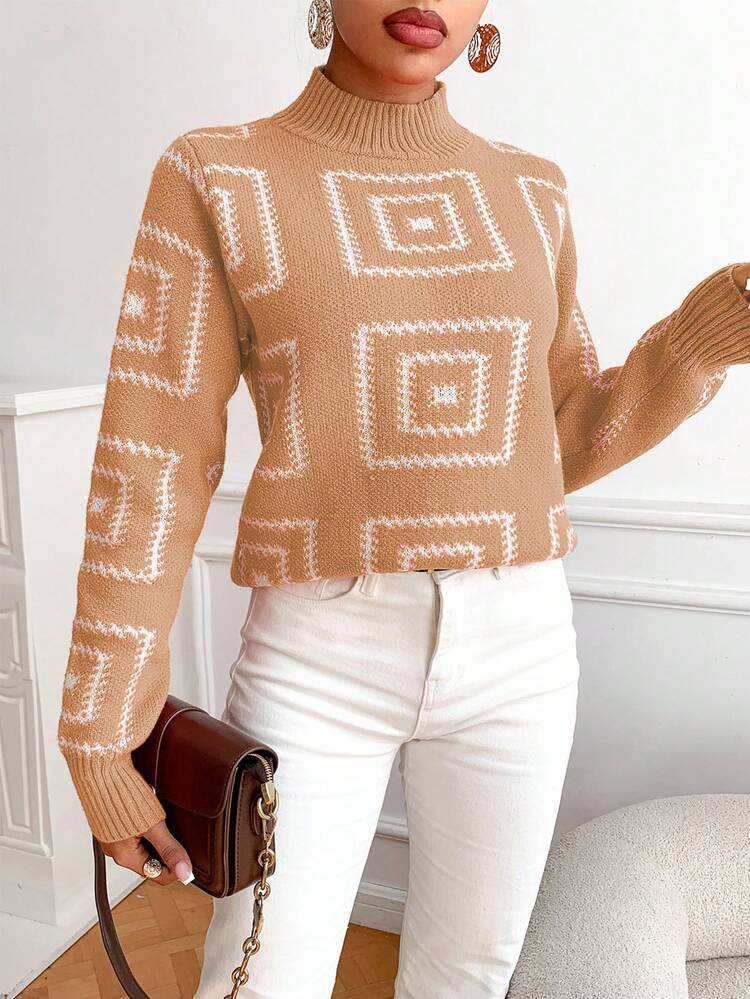 Women's Geometric Pattern Stand Collar Pullover Knit Pullover Fall Winter Sweater