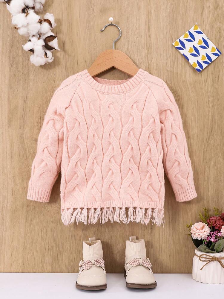 Baby Girls' Casual Pullover Sweater With Long Sleeves, Round Neck And Fringe Hem
