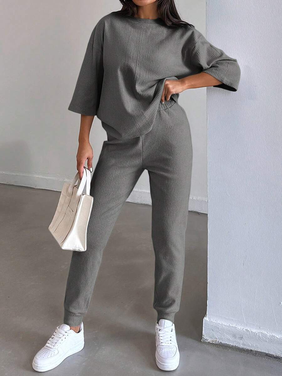 EURMUSE Ladies' Round Neck Drop Shoulder Top And Pants Two Piece Set - Grey - View 1