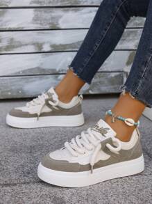 Fall/Winter Fashionable Casual Thick-Soled Color Block Lace-Up Sneakers For Women - Apricot - View 4