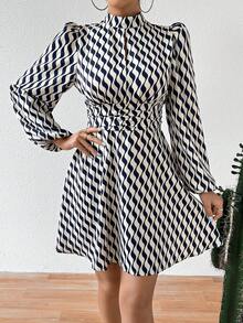 SHEIN Privé Women's Stand Collar Wave Striped Lantern Sleeve Dress - Multicolor - View 7