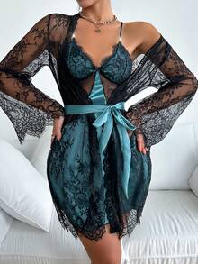 Conjunto de pijama de bata larga con cinturón y camisola de encaje para mujer