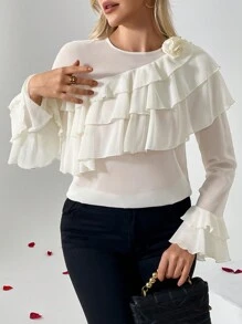 SHEIN Privé Solid Color 3d Floral Decorated Ruffle Trim Blouse