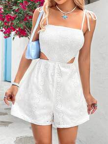 Soleia 女士夏季沙灘荷葉邊露背切割連身褲，鏤空薄紗刺繡細肩帶 - 白色 - 查看 6