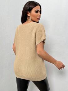 Zolique 女士v領蝙蝠短袖針織上衣 - 卡其色 - 查看 2