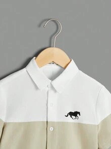 SHEIN Tween Boys' Casual Comfortable Color Blocking Horse Pattern Button-Front Shirt - Khaki - View 3