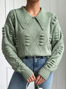 EURMUSE Kết cườm Chi tiết Cổ áo tây Tay áo dài Áo len - Màu xanh Bạc hà - Xem 1