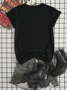 SHEIN 女式卡通兔子印花短袖 T 恤图案 T 恤女式上衣 - 黑色 - 查看 2
