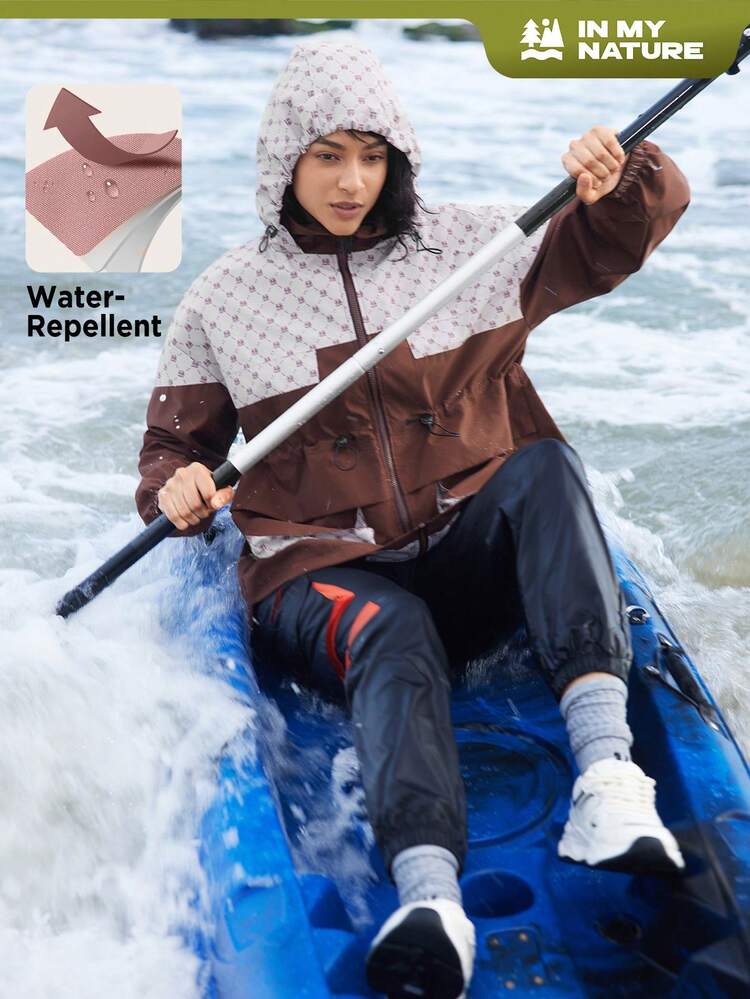 Women's Drawstring Waist Contrast Color Hooded Outdoor Jacket