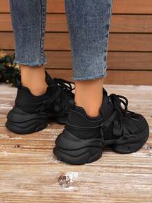 Women's Solid Color Thick Soled Athletic Shoes With Front Lace-Up, Black Sports Shoes Decorated With Tennis Woven Straps For Outdoor Activities