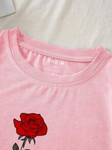 SHEIN 玫瑰与字母印花 T 恤 图案 T 恤 女式上衣 - 淺粉色 - 查看 4