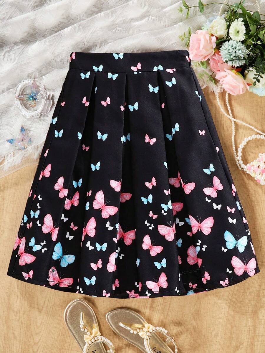 Sparklyn Tween Girls' Butterfly Printed Ruffled Skirt,  And Elegant Design - Black - View 1