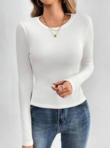 SHEIN Tall 女式側開衩純色圓領長袖t卹 - 白色 - 查看 5