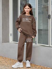 Tween Girls' Loose Fit Letter Print Sweatshirt And Jogger Pants Casual 2-Piece Set