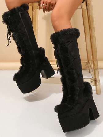 Perfect With Jacket , Women's Over-The-Knee Boots, Warm Winter Y2k Punk Style Black Fur Boots,Party