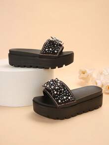 New Style Women's Thick-Soled Sandals, Fashionable, Versatile, With Rhinestones & Glitter, Open-Toe, Slip-On Slippers - Black - View 5