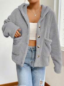 SHEIN EZwear 女性毛絨質連帽外套 - 灰色 - 查看 4