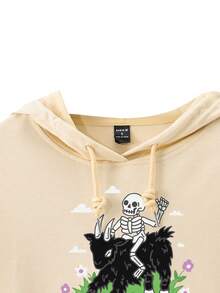 Catsneeze 女士頭骨和字母印花帶束口帽子短款連帽衛衣 - 杏色 - 查看 4
