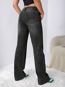 SHEIN EZwear Denim mùa giặt Quần legging thẳng - Xám - Xem 2