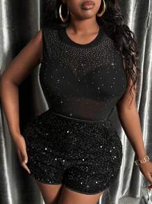 Slaydiva Kích thước lớn Của phụ nữ Pha lê Nghệ Embellished Lưới Áo ba lỗ - màu đen - Xem 1