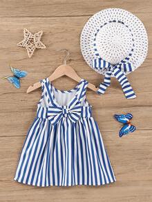 Baby Girl Striped Casual Dress - Blue and White - View 2