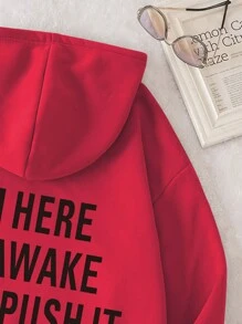 SHEIN EZwear Slogan Print Drawstring Hooded Drop Shoulder Sweatshirt - Red - View 4