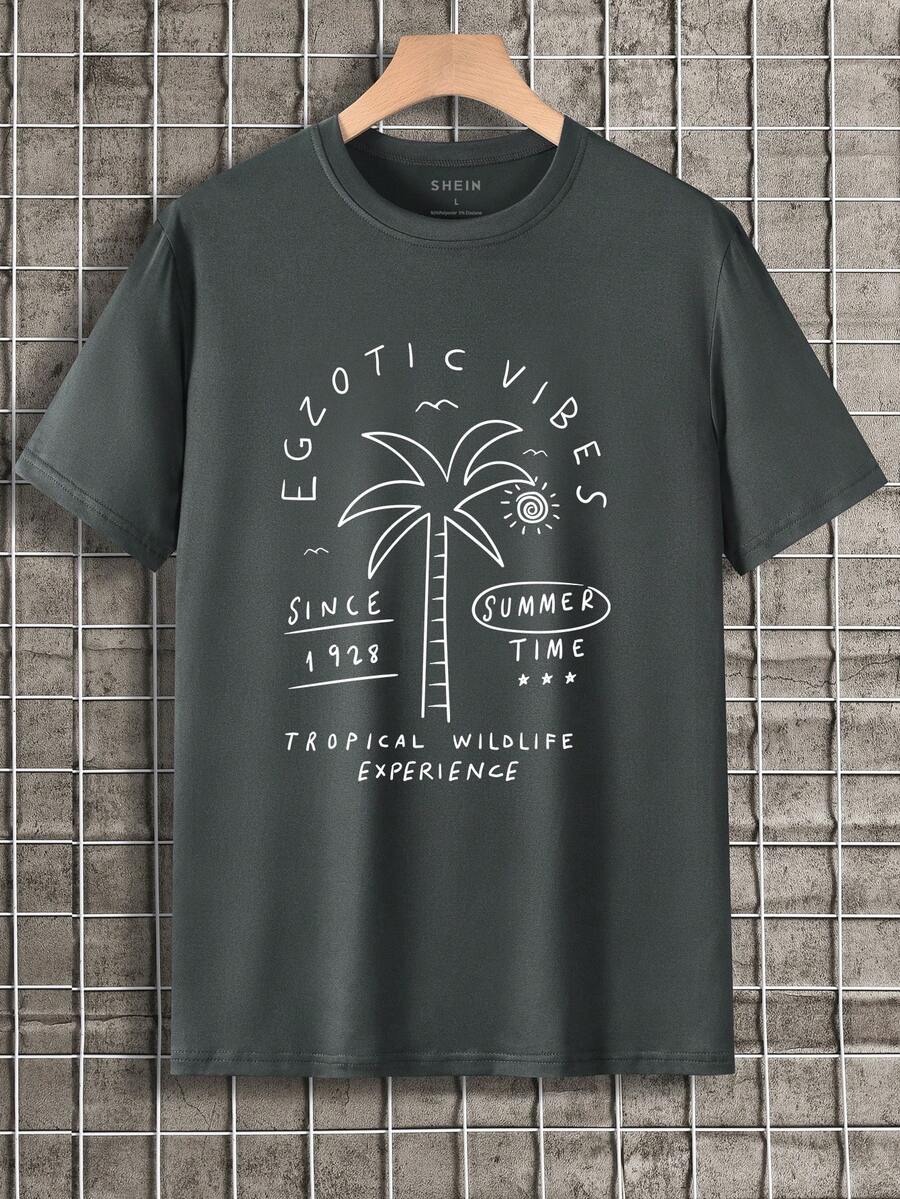 Men's Coconut Tree And Slogan Printed Short Sleeve T-Shirt - Dark Grey - View 1