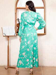 阿拉伯优雅圆领花卉拼色口袋泡泡袖连衣裙 - 綠色 - 查看 3