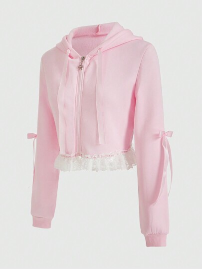 ROMWE Kawaii Sudadera Con Capucha Con Cordón Y Borde De Encaje