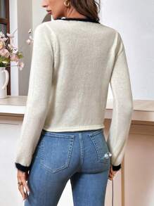 SHEIN LUNE 女士撞色滚边圆领休闲针织套头衫秋冬毛衣 - 米色 - 查看 2