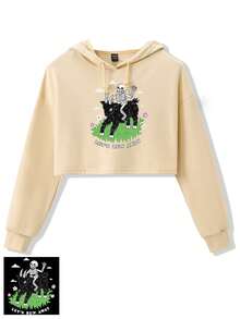 Catsneeze 女士頭骨和字母印花帶束口帽子短款連帽衛衣 - 杏色 - 查看 1