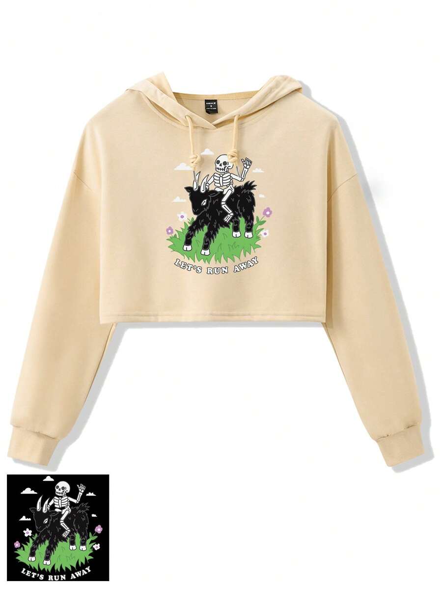 Catsneeze 女士頭骨和字母印花帶束口帽子短款連帽衛衣 - 杏色 - 查看 1