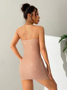 SHEIN Privé 閃亮線緊身背心側開口修身連身裙 - 杏色 - 查看 2