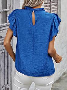 SHEIN LUNE Của phụ nữ Nếp uốn Ngắn tay Đứng cổ áo Áo sơ mi Với Lá sen Cạnh Chi tiết - Màu xanh lam - Xem 2