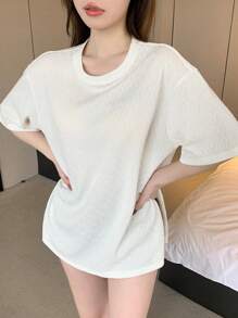 DAZY Women's Round Neck Drop Shoulder Short Sleeve T-Shirt - White - View 2