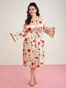HELLO KITTY AND FRIENDS | SHEIN روب بأحجام كبيرة بتصميم كرتوني يحمل طبعة قلوب - كاكي - مشاهدة 6