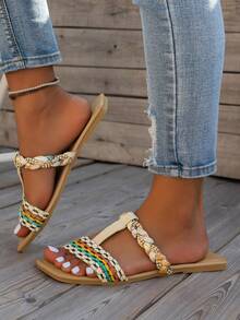 Sandalias Planas Para Mujeres, Chanclas Multicolor Slip-on Con Diseños Y Patrones Simples Para La Playa Y Comodidad - Multicolor - Ver 5