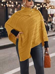 SHEIN Clasi 大尺碼蝙蝠袖毛衣,不對稱下擺設計與鈕扣 - 黃色 - 查看 4