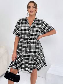 SHEIN Essnce Women's Summer Plus Size Loose Fit Plaid Shirt Dress With Drawstring Waist And Notch Neckline