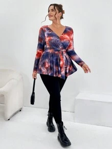 SHEIN Essnce Plus Size Tie-Dye Wrap Belt T-Shirt